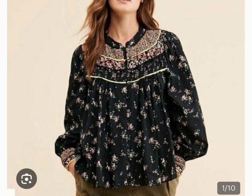 Free People Blouse Womens Small Black Floral Paloma Print Smocked Indie Romantic